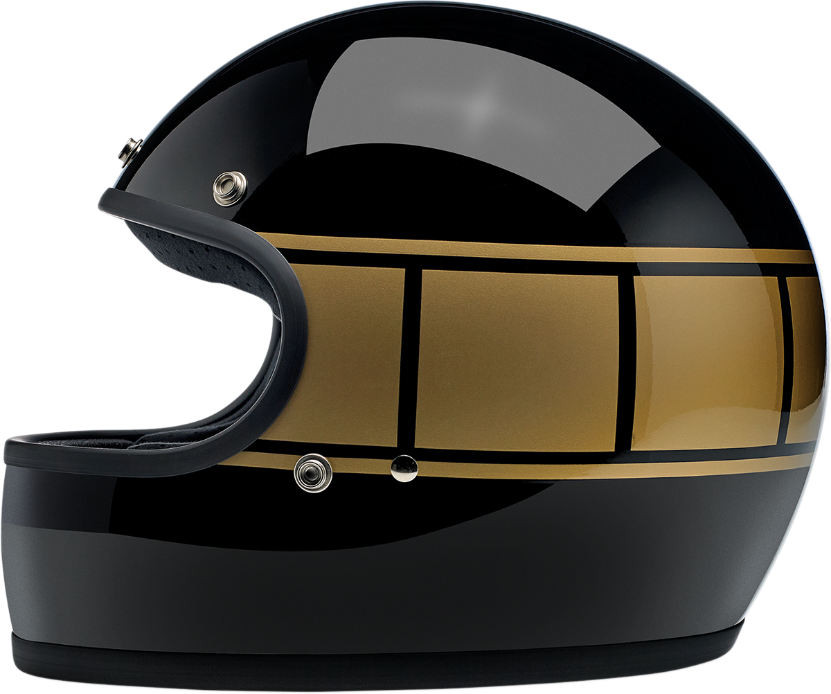 Biltwell Gringo helmet in gloss black Holeshot finish, XS size, featuring a smooth rounded design and chin strap.