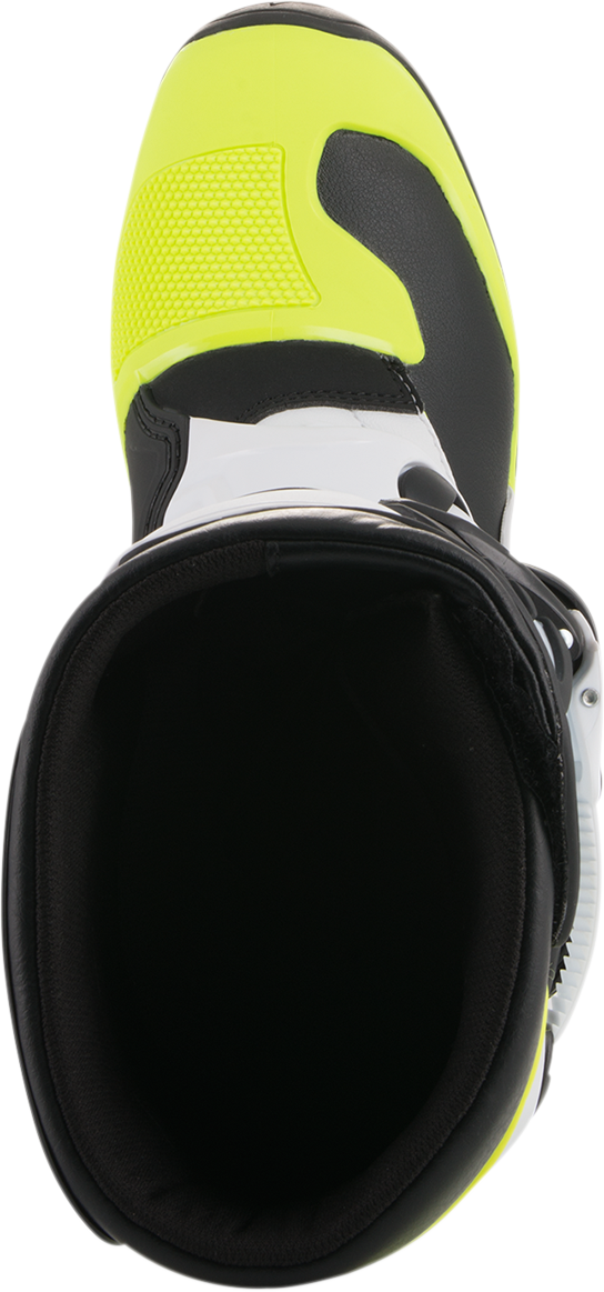 Alpinestars Tech 3S motorcycle boots in black, white, and fluorescent yellow with US size 8, featuring protective design and sturdy construction.