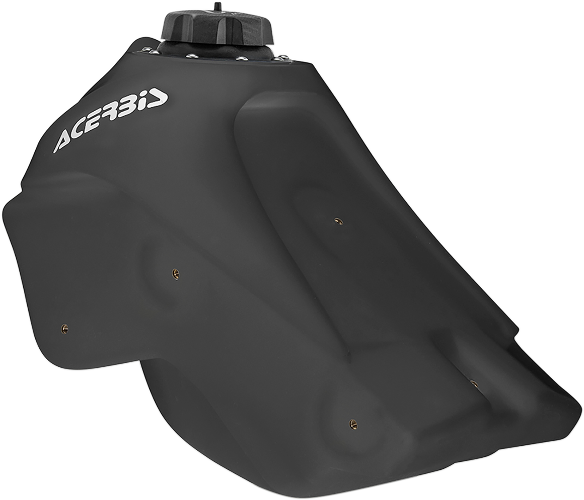 Black Acerbis gas tank for Kawasaki motorcycles, 2.9-gallon capacity, body style, designed for durable fuel storage.