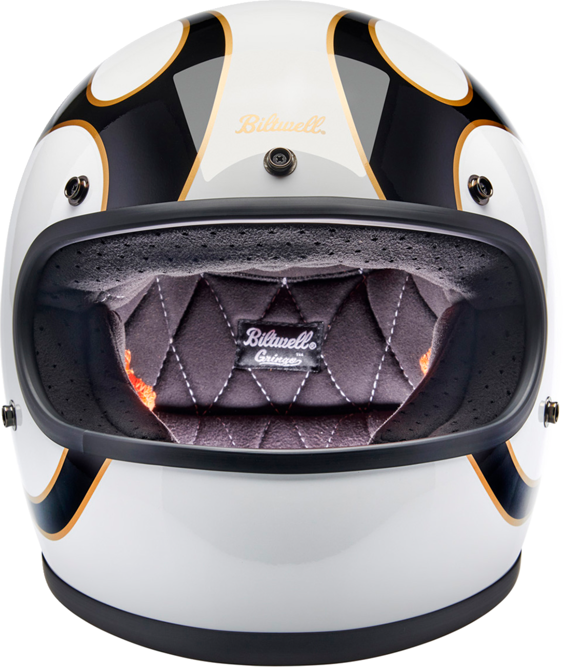 BILTWELL Gringo helmet with flames design in white and black, XL size, featuring a sleek motorcycle helmet style.