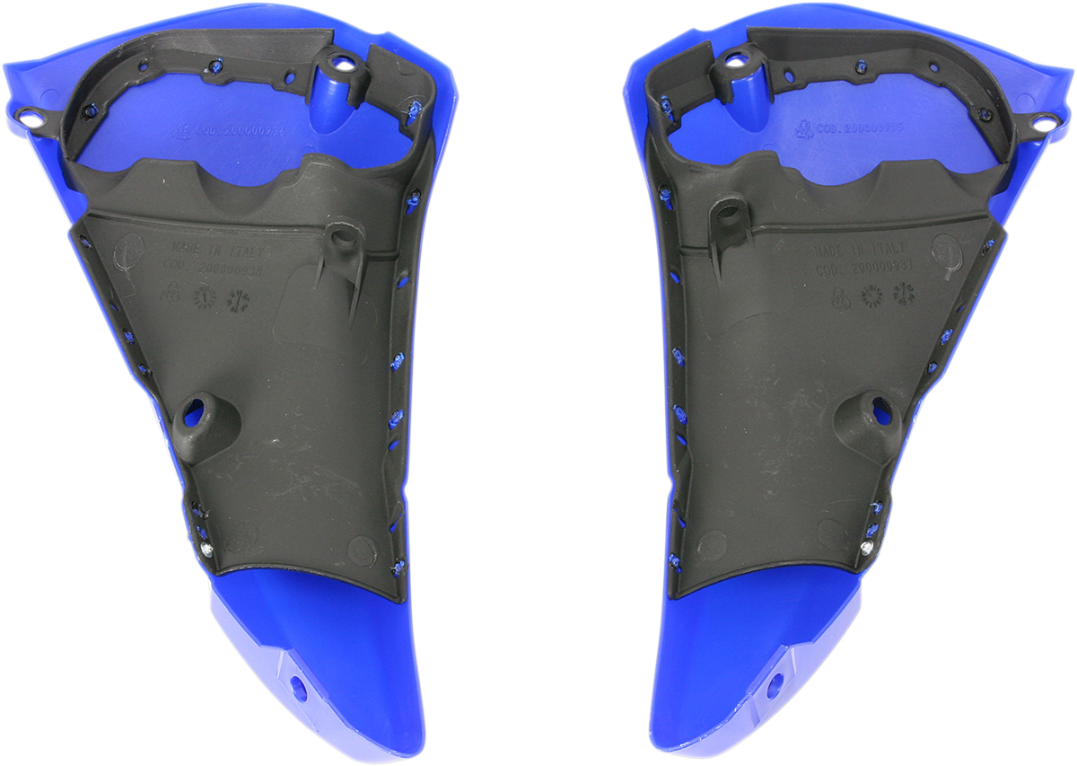 Blue Acerbis radiator shrouds for motorcycle upper body panel, designed for Bill's Exhausts vehicle.