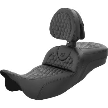 Bill's Exhausts SADDLEMEN RoadSofa™ seat in honeycomb with backrest, extended reach for FL models 2008-2023, motorcycle accessory