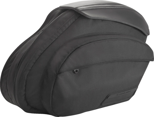 Bill's Exhausts Saddlemens Saddlebags for M8 Softail motorcycle, shown attached to the bike's rear with a sleek, durable design.