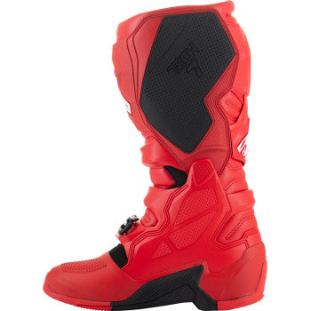 Alpinestars Tech 7 motocross boots in bright red with black accents, US size 7, showcasing sturdy design and protective features.