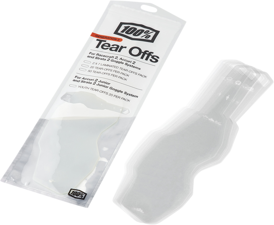 Bill's Exhausts 100% Youth Accuri 2/Strata 2 tear-offs, 20-pack, clear protective lens covers for motorcycle helmets.