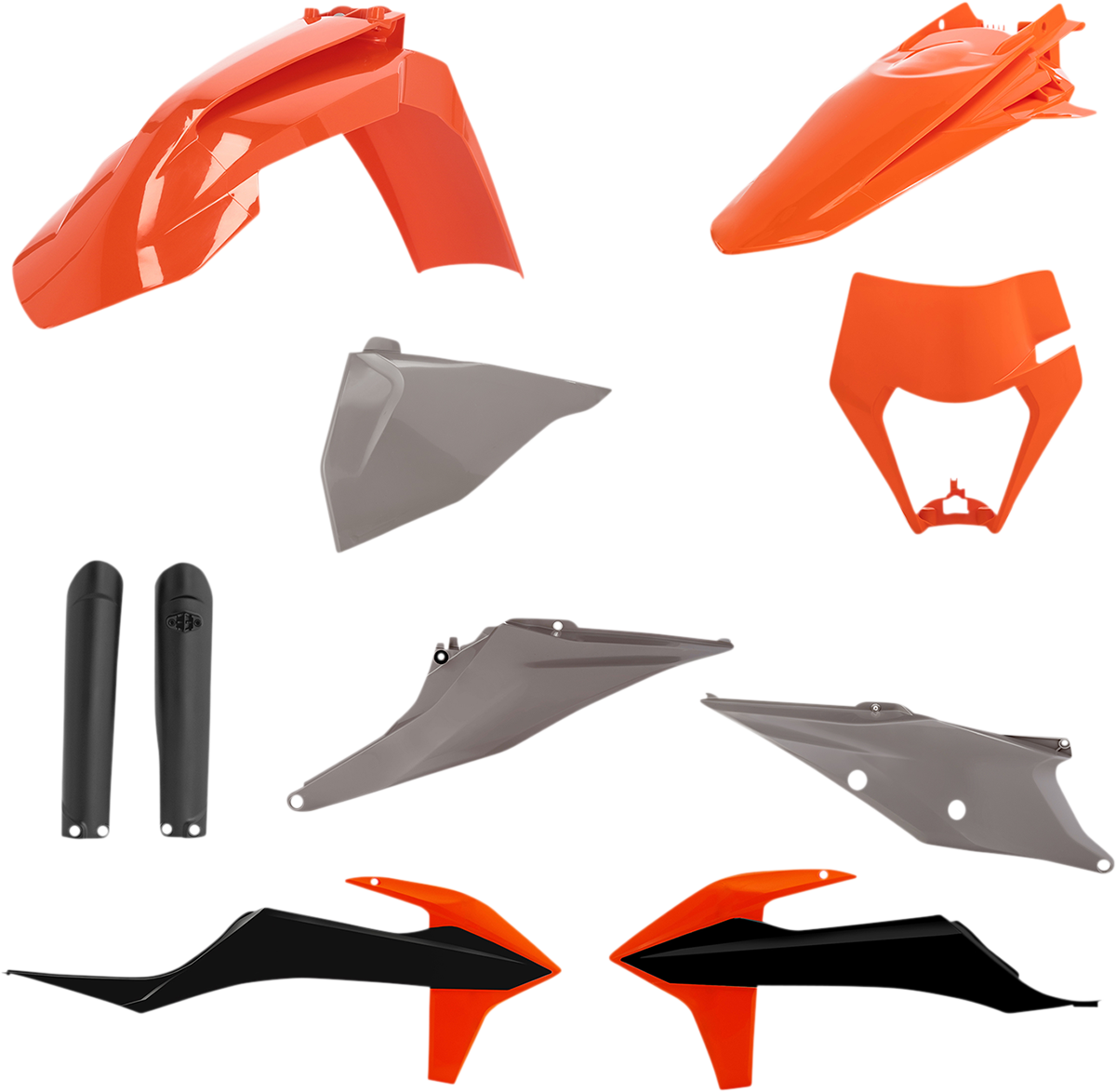 Acerbis full replacement body kit in OEM orange, black, and gray colors, designed for motorcycle body customization.