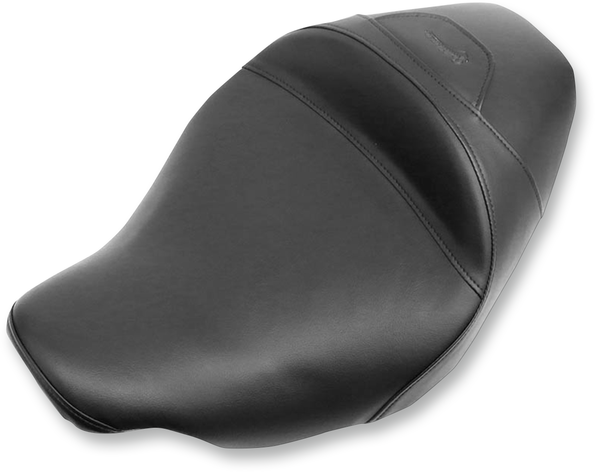 Bill's Exhausts SADDLEMEN Renegade Seat 888-07-002 for motorcycle, close-up of black cushioned seat with stitching details.