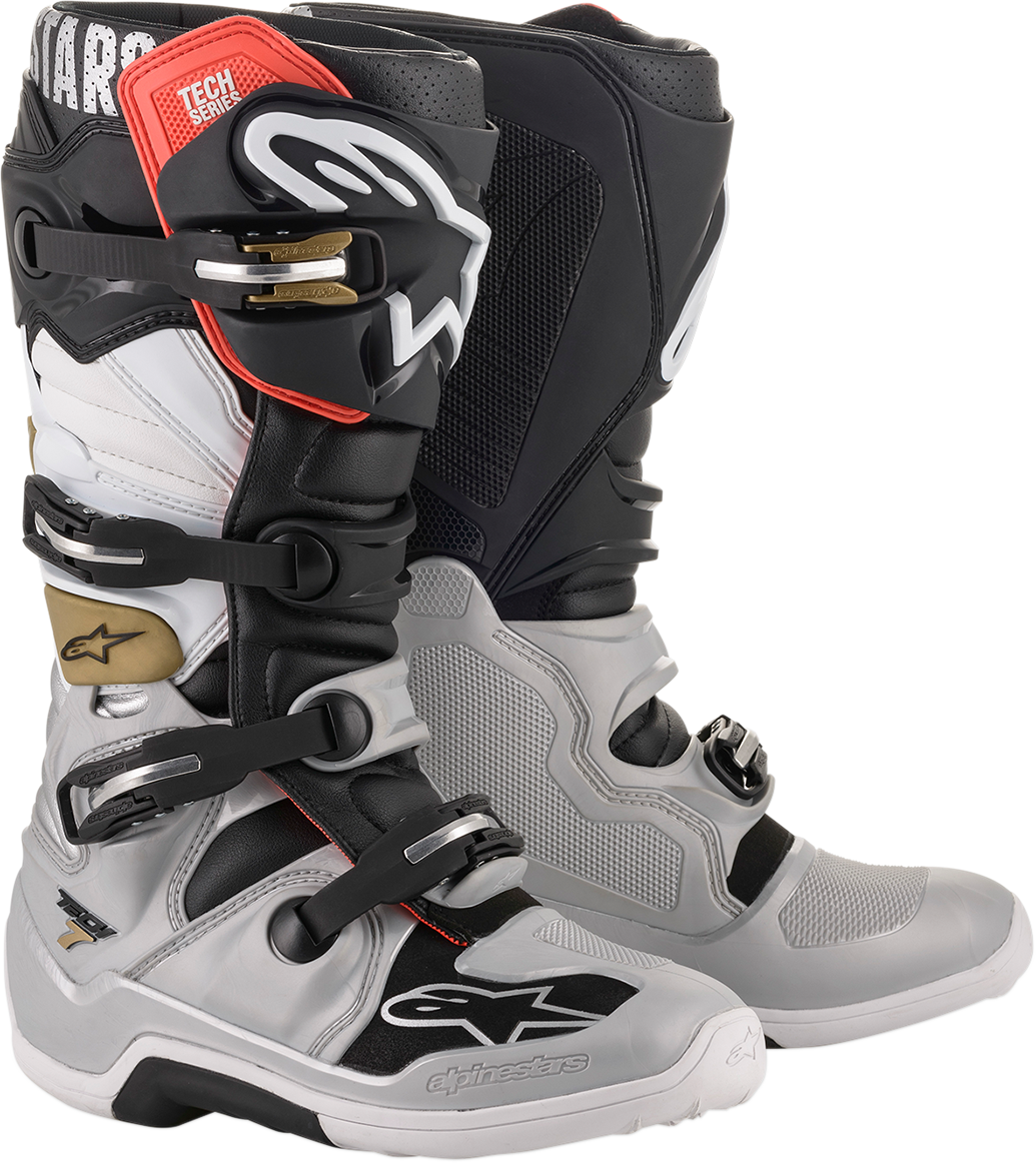 Alpinestars Tech 7 motocross boots in black and gray, US size 14, with sturdy construction and protective features.