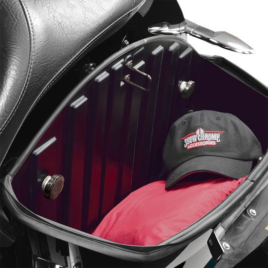 Show Chrome saddlebag fasteners for Harley-Davidson 1999-2020, engine mounting hardware from Bill's Exhausts, in black finish.
