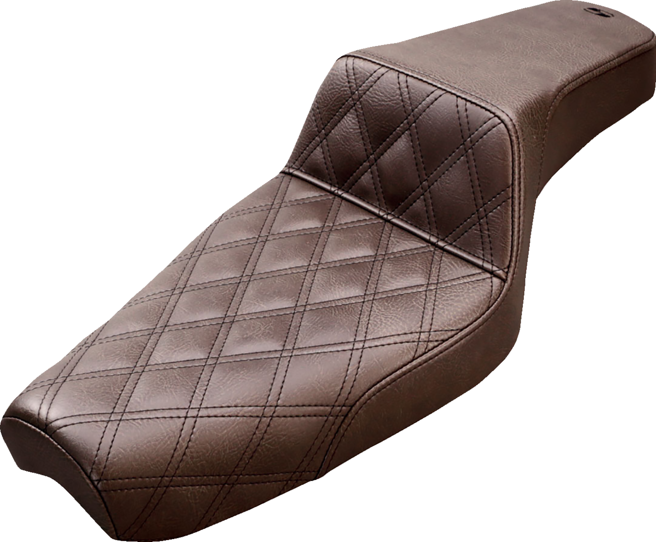 Brown SADDLEMEN Step-Up Seat with front lattice stitch, XL size, designed for motorcycle comfort and style.