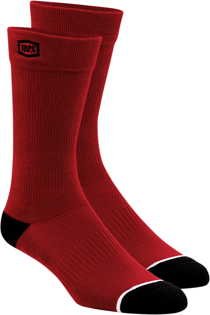 Red 100% solid socks from Bill's Exhausts in large/XL size, featuring a smooth knit fabric and comfortable fit.