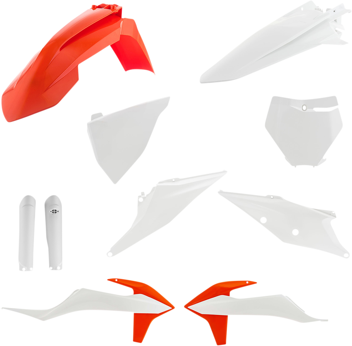 Acerbis full replacement body kit in OEM white and orange for motorcycle, displayed on a clean background with parts labeled.