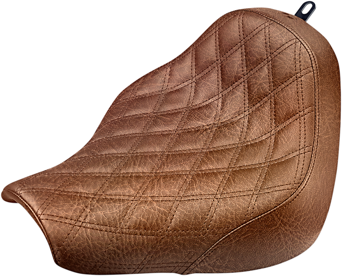 Brown SADDLEMEN Renegade Solo Seat with lattice stitching, designed for motorcycle seats by Bill's Exhausts, featuring a sleek, padded design.