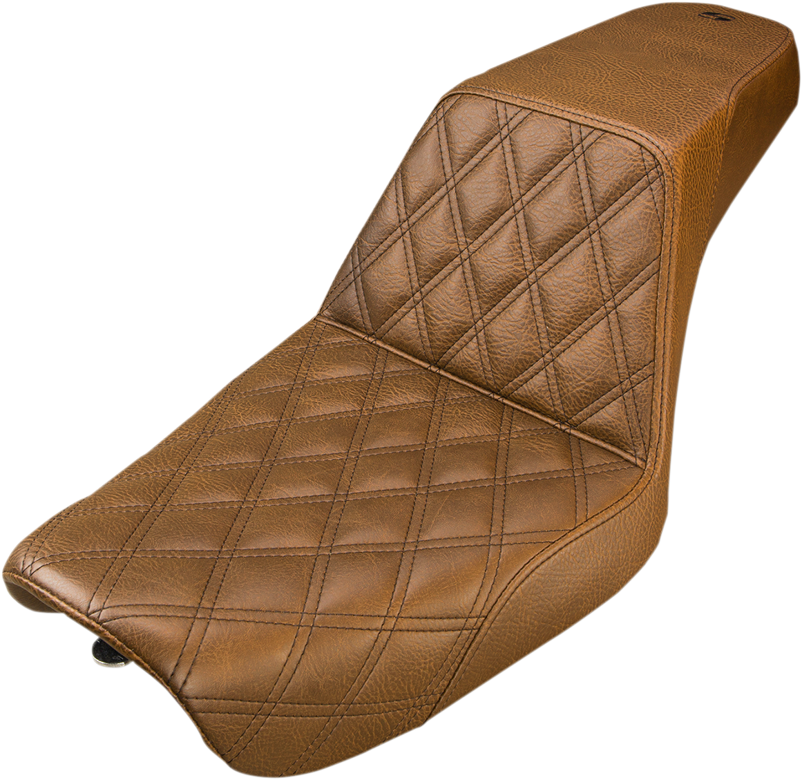 Brown SADDLEMEN Step-Up Seat with front lattice stitch for Dyna motorcycles, featuring durable, stylish leather padding.