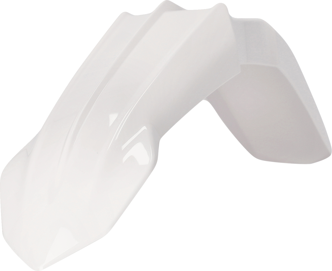 A white Acerbis front fender motorcycle body part, designed for off-road or dirt bikes, with a sleek curved shape.