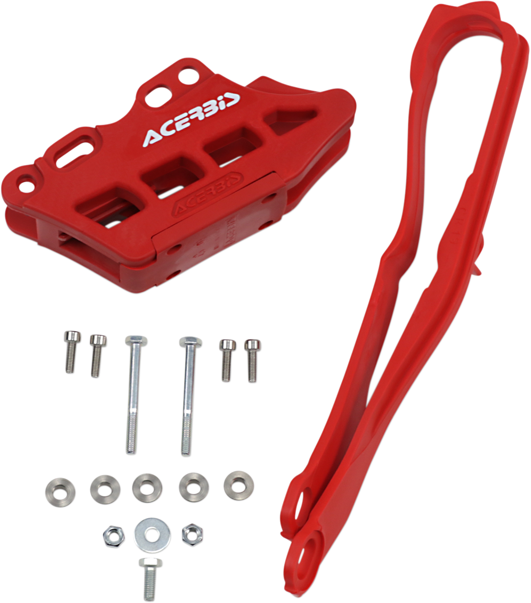 Red ACERBIS Chain Slider 2.0 for Honda motorcycles, mounted on the bike's body, showcasing its durable design.