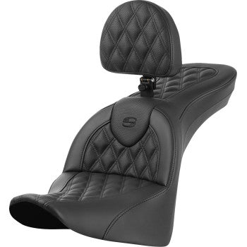 SADDLEMEN Roadsofa™ motorcycle seat with backrest featuring lattice stitch design, in black leather with detailed stitching.