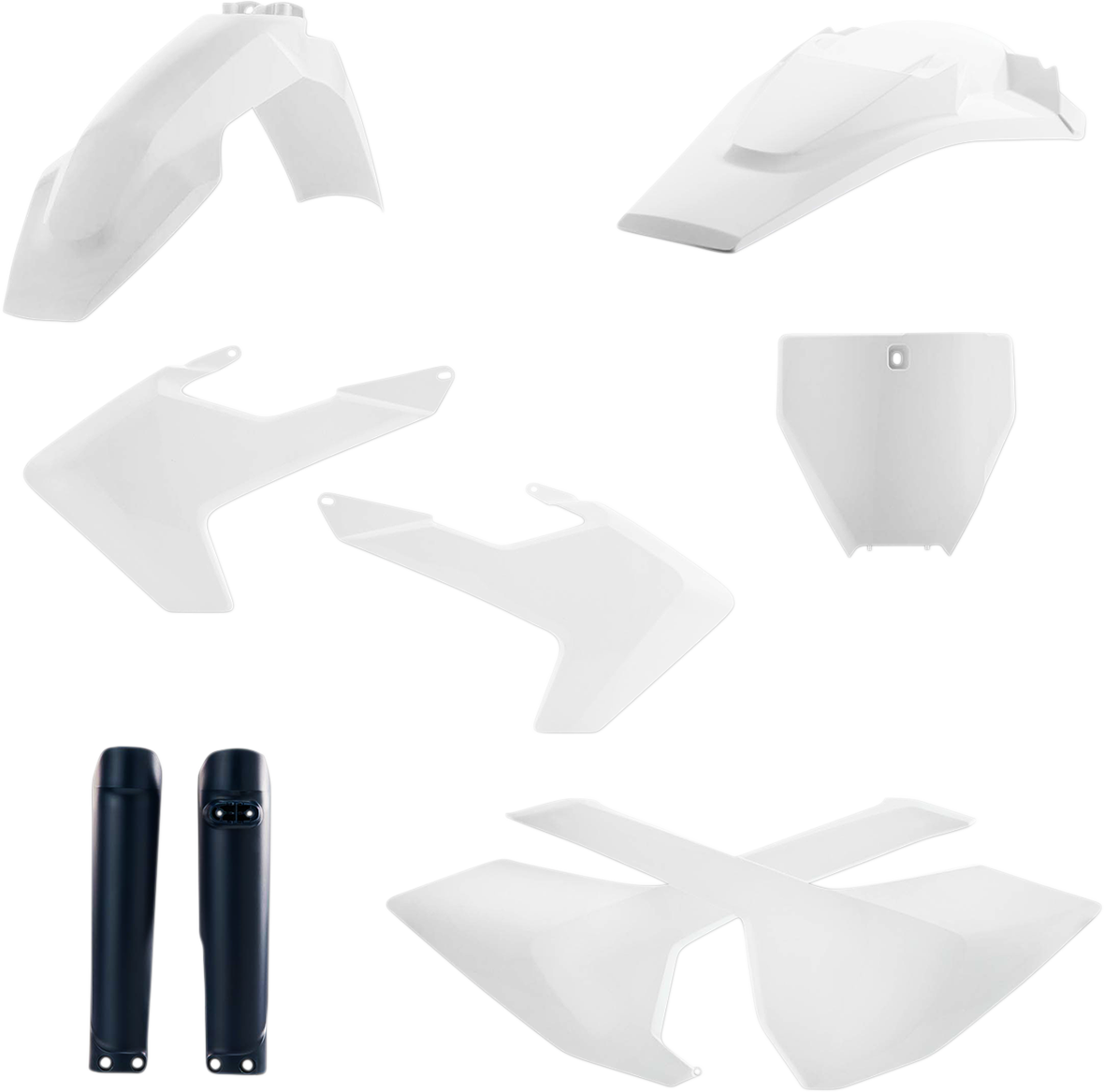 A white and black Acerbis full replacement body kit for motorcycle, designed for OEM '17 models, shown from multiple angles.