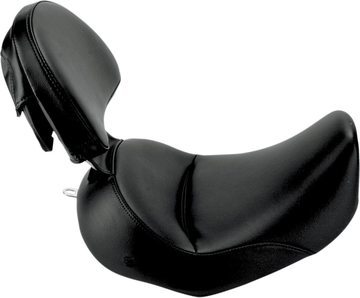 Black Saddlemens Heels Down Solo Seat with backrest for FLSTC motorcycles, featuring plain design and comfortable seating.