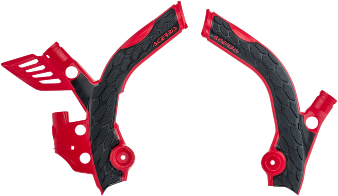 Acerbis X-Grip frame guards in red and black attached to motorcycle body, providing protection and a sporty look.