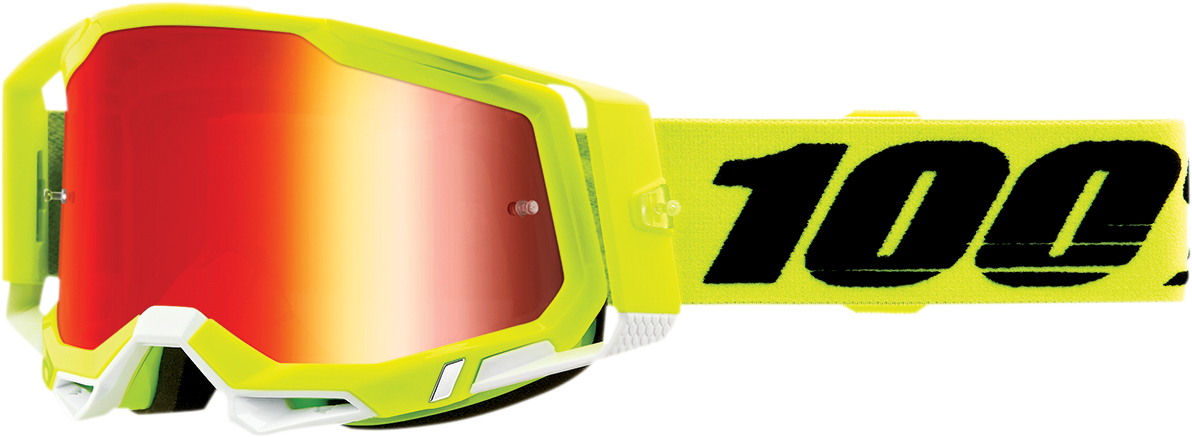 Bill's Exhausts 100% Racecraft 2 goggles in fluo yellow with red mirror lenses, designed for motocross and off-road riding.