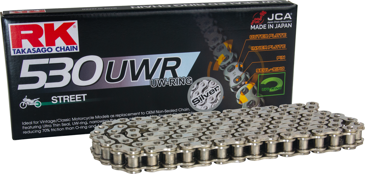 RK EXCEL SV530UWR silver drive chain for vintage motorcycles, 530 x 120 size, with links visible in the image.