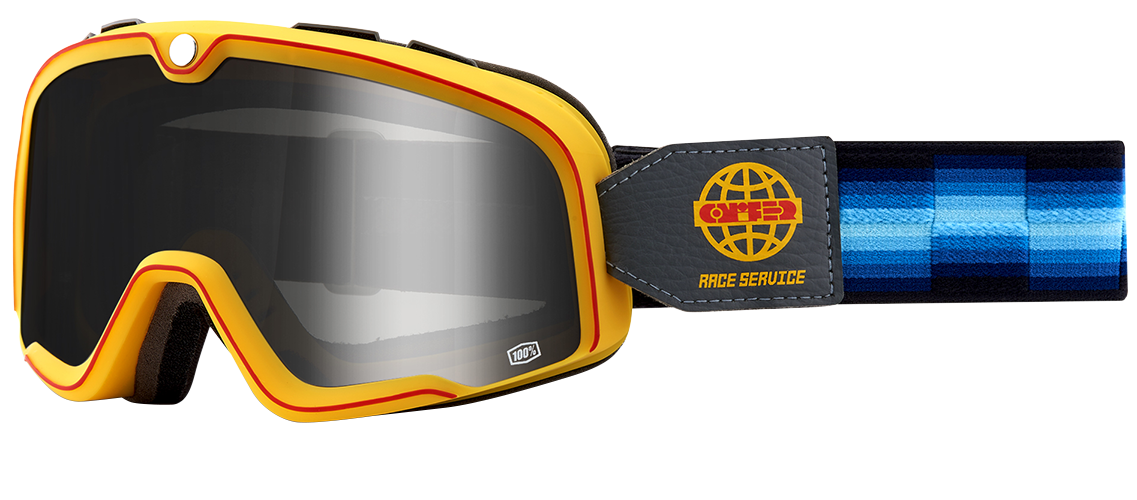 Bill's Exhausts 100% Barstow Goggles with silver mirror lenses, race service style, featuring a sleek frame and reflective coating.