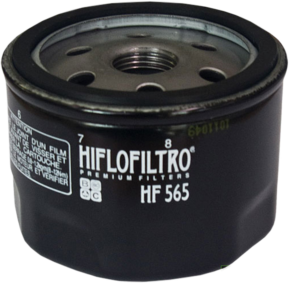 HIFLOFILTRO HF565 motorcycle engine oil filter showing the cylindrical metal canister with brand logo and filter details
