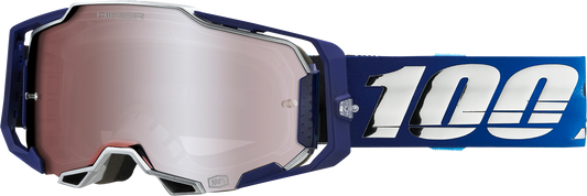 Bill's Exhausts 100% Armega goggles with HiPER Silver Mirror lenses, featuring a sleek design and reflective silver finish.
