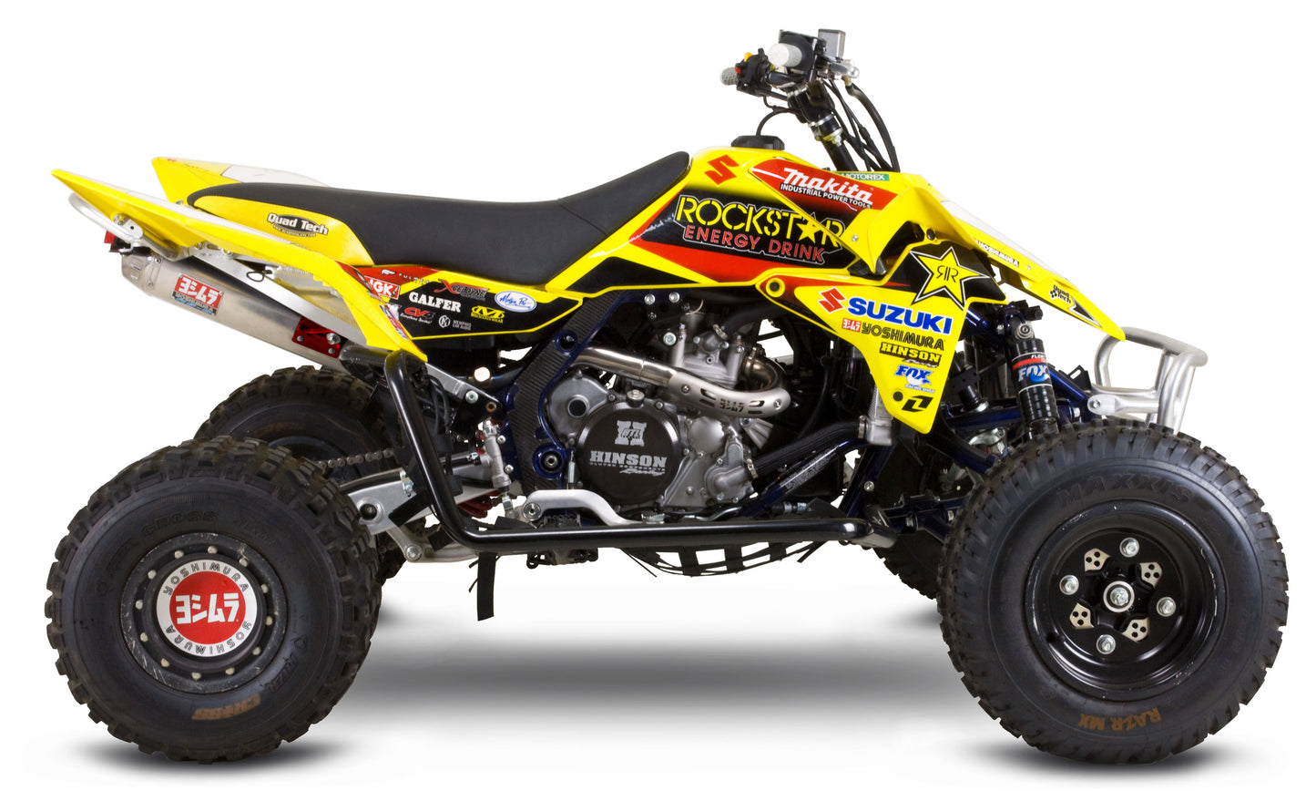 YOSHIMURA Signature RS-5 full system exhaust for UTVs, showcasing sleek stainless steel muffler and exhaust pipe.