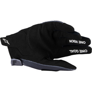 Alpinestars Youth Radar MX gloves in dark camo with padded palms and adjustable wrist straps, large size, for motocross riding.