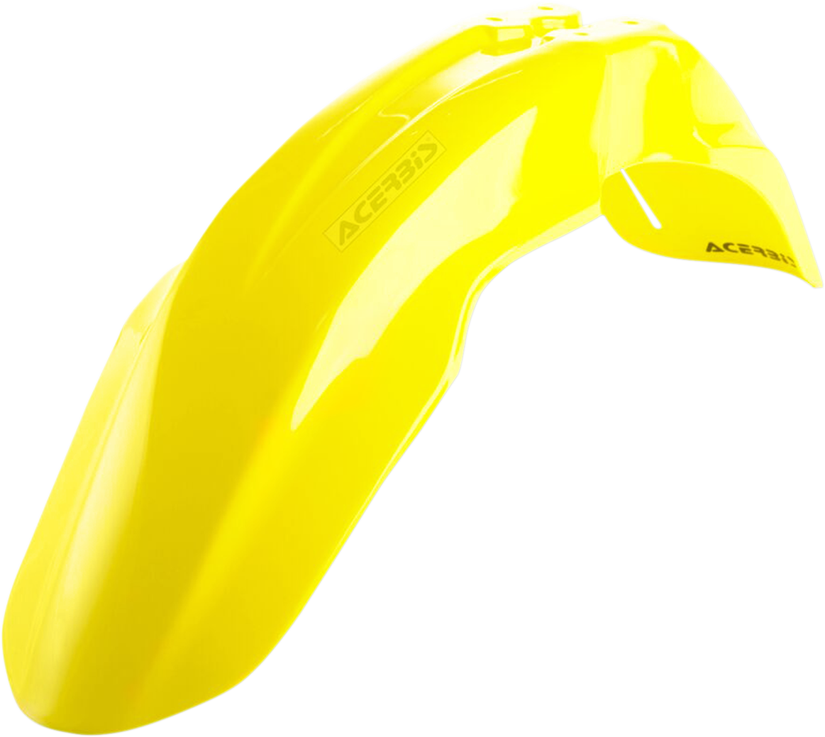 Yellow ACERBIS front fender for motorcycles, body part with sleek design, shown in a clear image with mounting details.