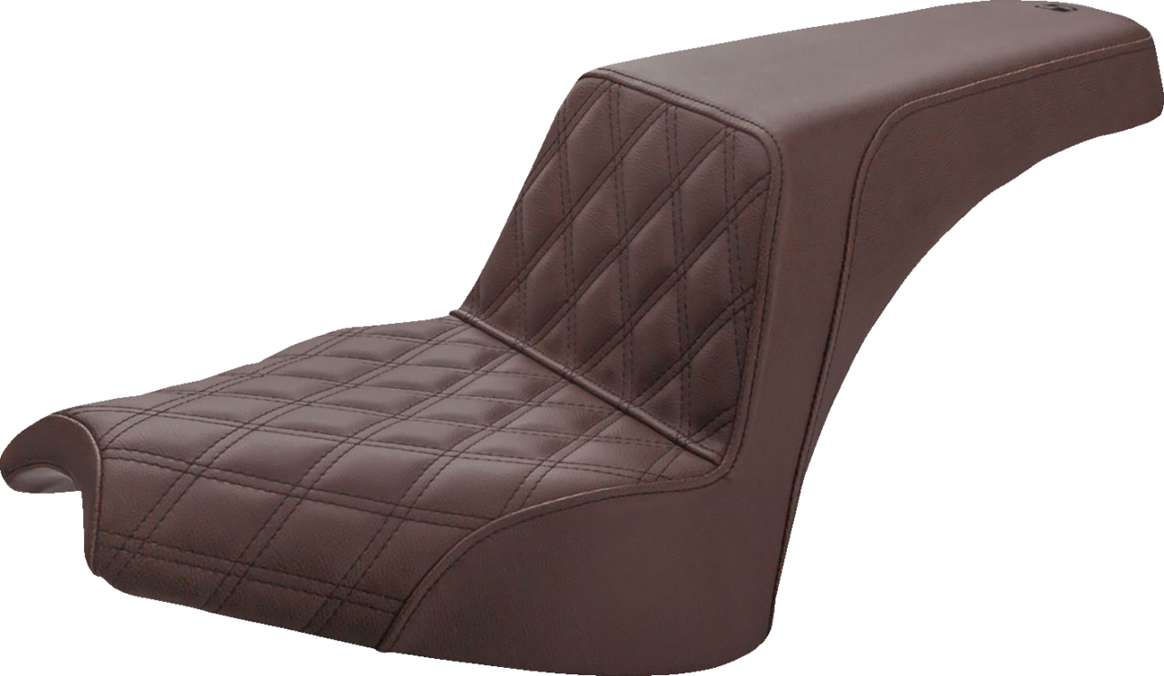 Bill's Exhausts SADDLEMEN Step Up Seat in brown with front lattice and smooth rear design for motorcycle comfort.