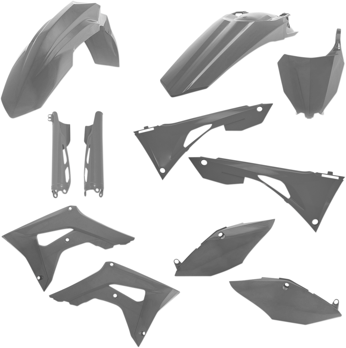 Gray Acerbis full replacement body kit for motorcycles, featuring sleek panels and durable construction.