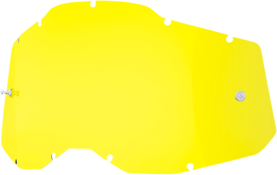 Yellow 59077-00003 lens for Accuri 2, Racecraft 2, and Strata 2 helmets by Bill's Exhausts, shown in a close-up view.