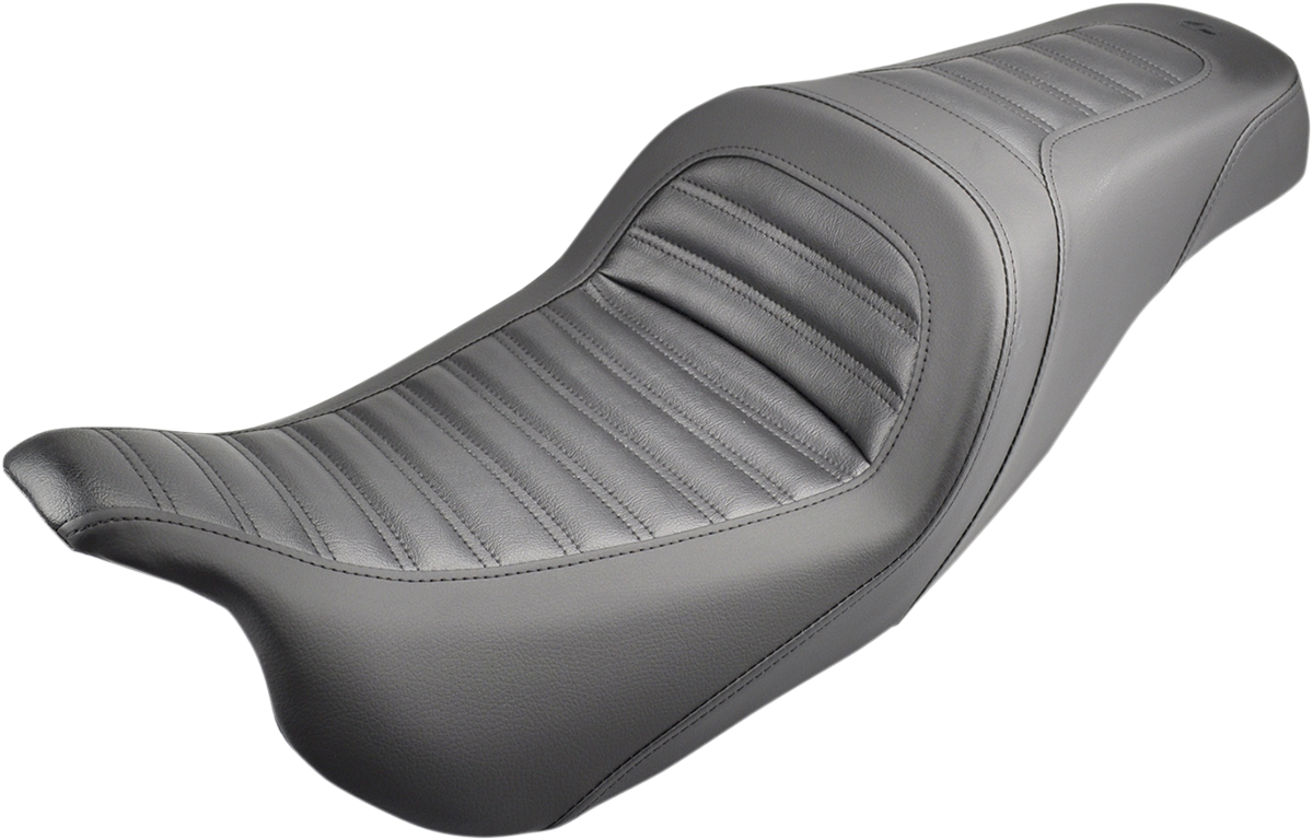 Black Saddlemens Slim Roll and Pleat Seat for Harley FL models, designed for comfort and style, shown on a motorcycle.