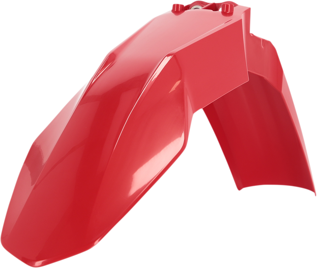 Red Acerbis front fender for motorcycle, made of durable body material, designed to protect and enhance bike appearance.