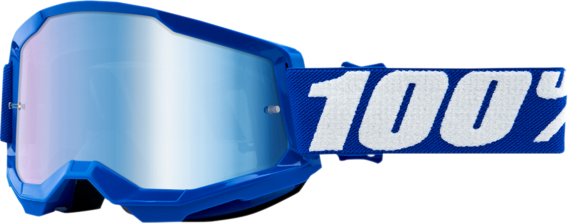 Bill's Exhausts 100% Strata 2 goggles in blue with blue mirror lenses, featuring a sleek, aerodynamic design for motocross riding.