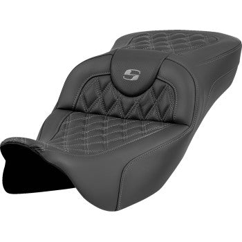 Gray SADDLEMEN Roadsofa™ Extended Reach Seat with lattice stitch detail, designed for FL models 2008-2023, without backrest.