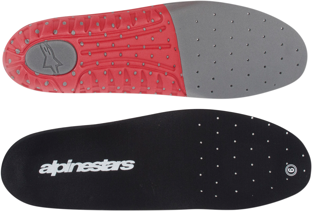 Alpinestars Tech 7 footbed in gray and red, size 11, designed for motorcycle boots, with visible cushioning and supportive structure.
