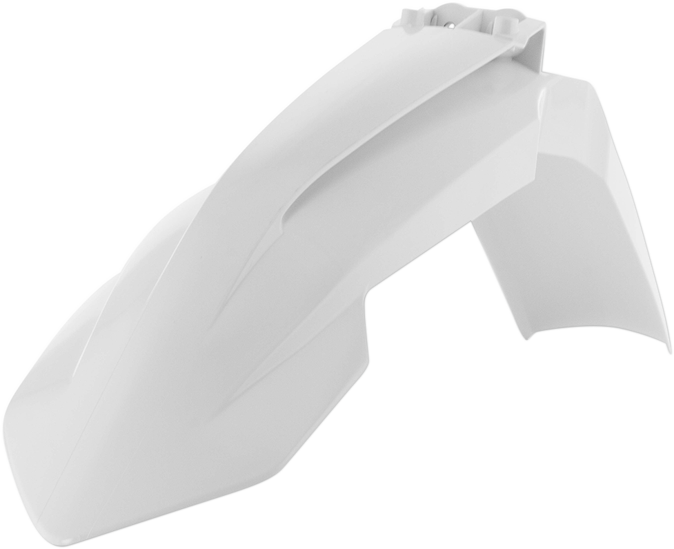 A white Acerbis front fender for motorcycles, made of durable body material, with smooth curves and mounting points visible.