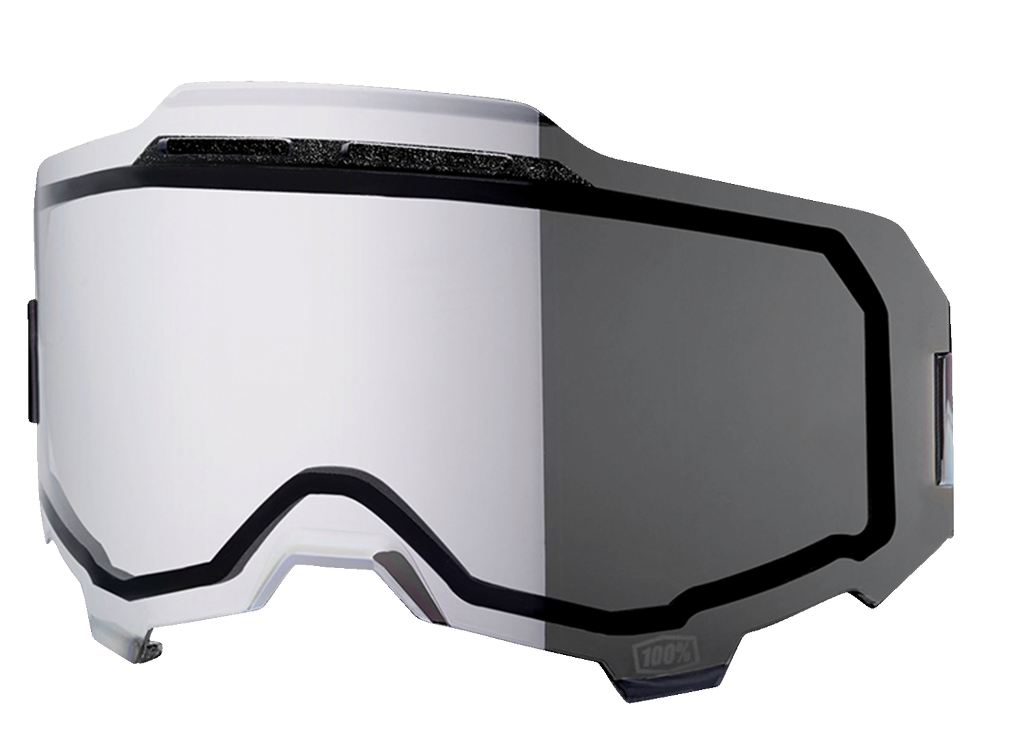 Silver mirror Armega lens for glasses, 100% Armega Lens by Bill's Exhausts, shown with reflective surface and black frame details.