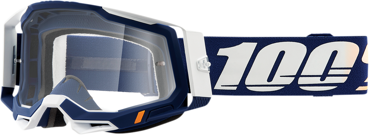 Clear 100% Racecraft 2 goggles by Bill's Exhausts with a sleek frame and adjustable strap, designed for racing and active use.