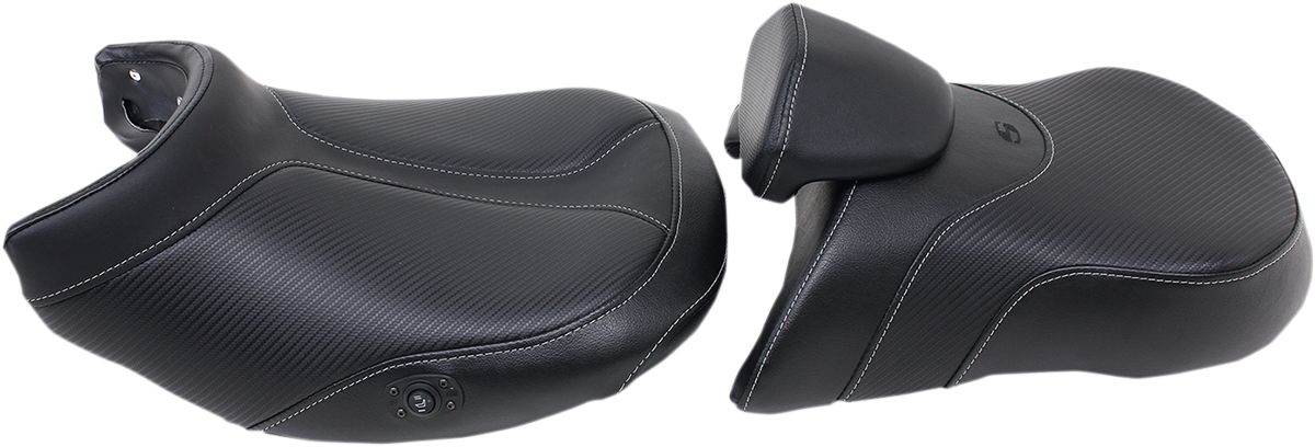 Black SADDLEMEN Adventure Tour heated two-piece motorcycle seat with lumbar backrest, stitched details, and low profile design.