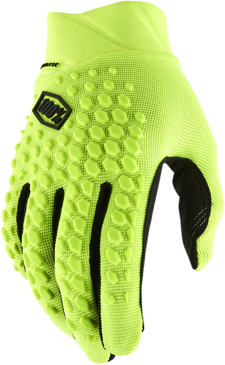 Bill's Exhausts fluorescent yellow Geomatic gloves in medium size, showing textured grip and vibrant color for safety and hand protection.