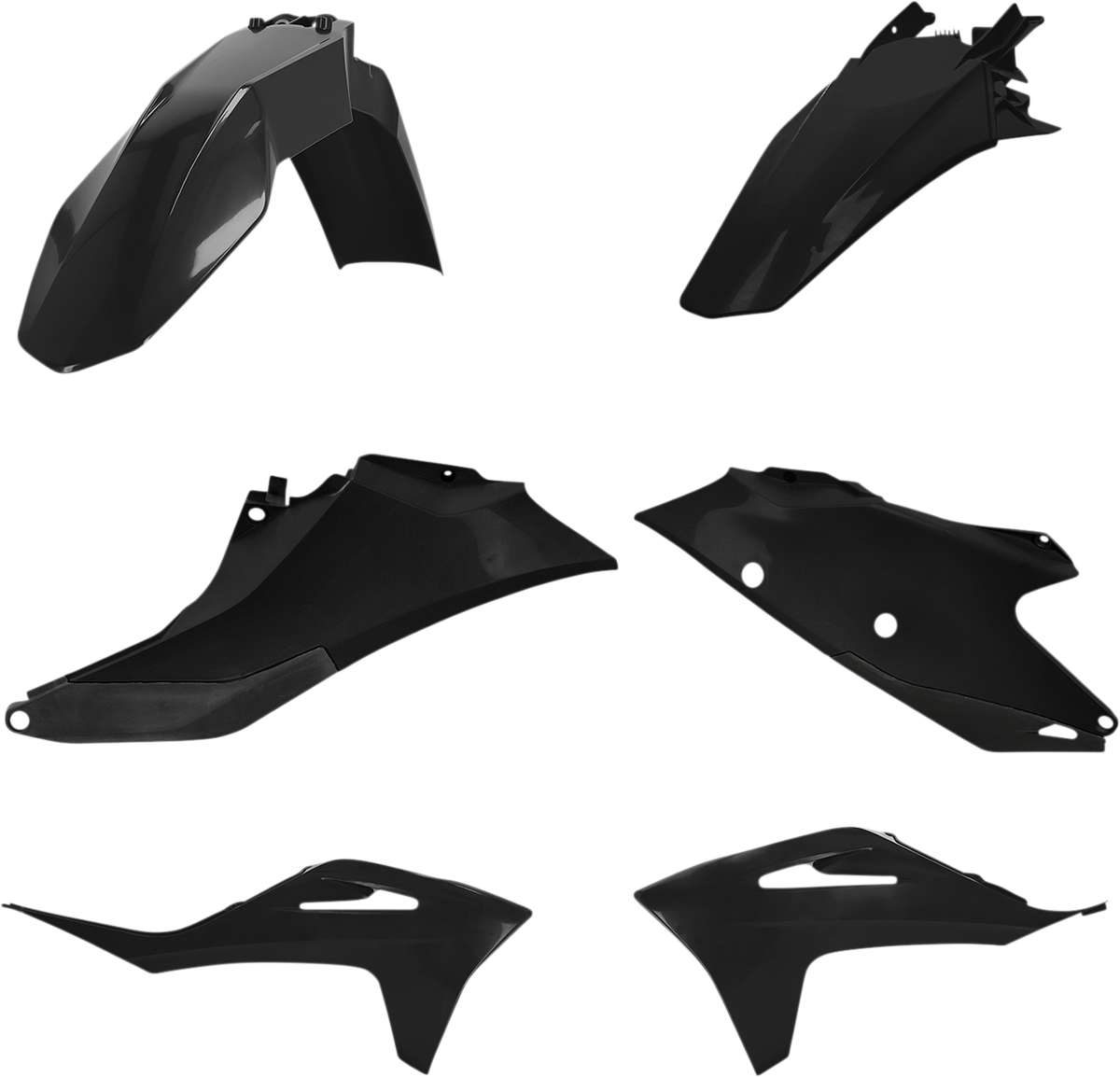 A black Acerbis standard replacement body kit for motorcycles, displayed on a plain background.