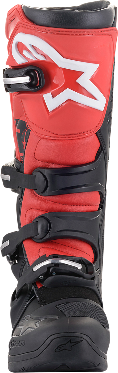 Alpinestars Tech 5 motorcycle boots in black and red, size US 10, with protective features and durable construction.