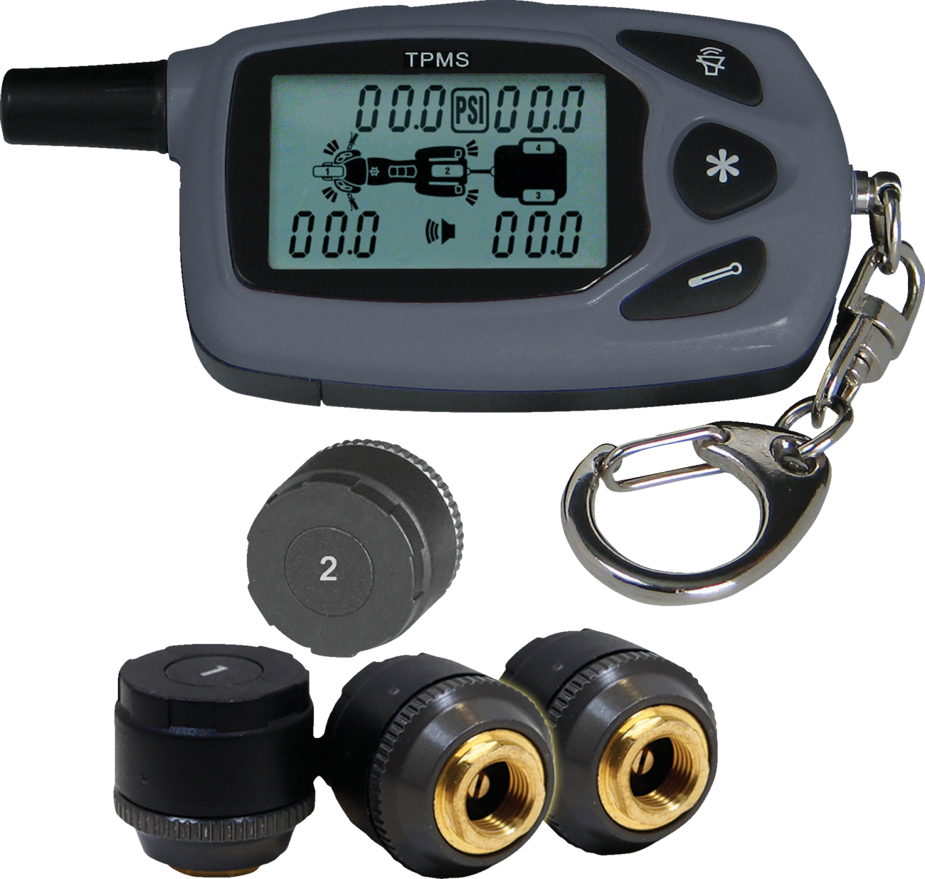 Bill's Exhausts Show Chrome bike and trailer tire pressure monitor system engine component, with display screen and control buttons.