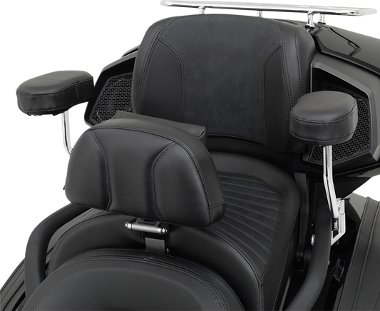 Black Show Chrome Deluxe Passenger Armrest for Can-Am F3 motorcycle, designed for comfort and style.