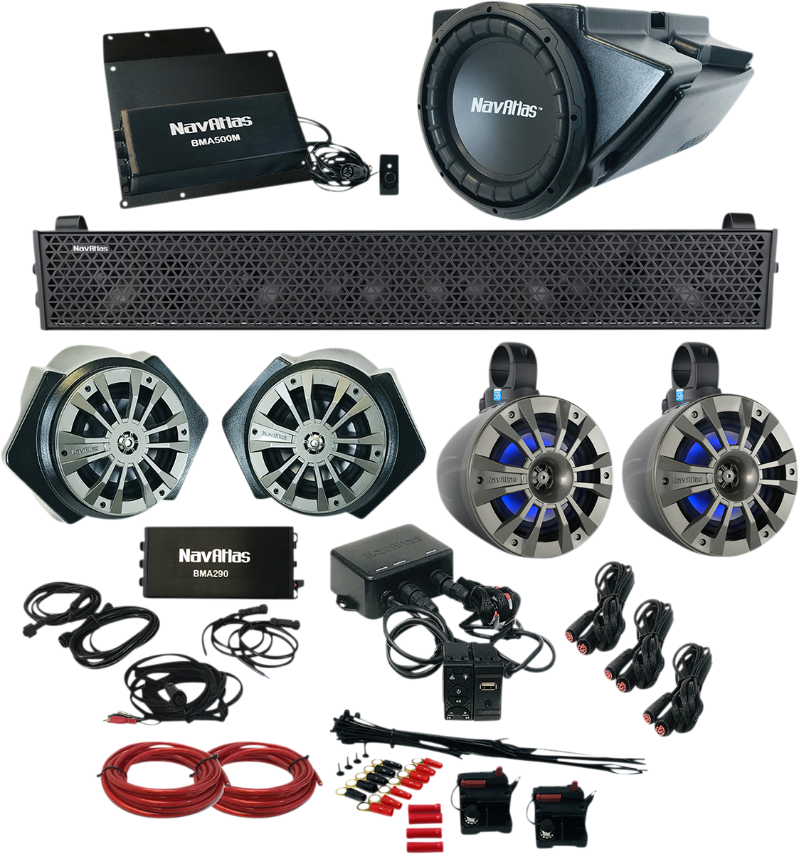 Bill's Exhausts NAVATLAS Zone 5 RZR RZR2 audio speakers for off-road vehicles, showing the black speaker units and mounting hardware.